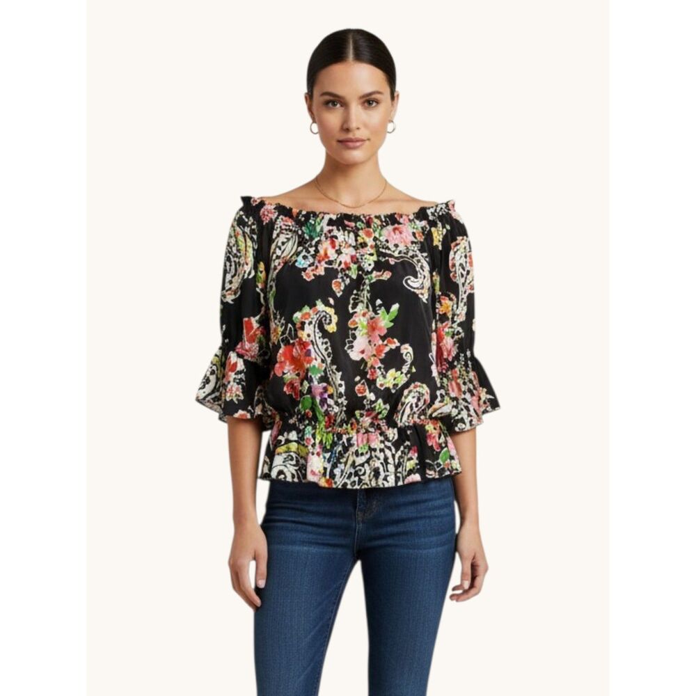 Lauren Ralph Lauren Floral Paisley Off-Shoulder Elastic Hem Boho Blouse Coquette